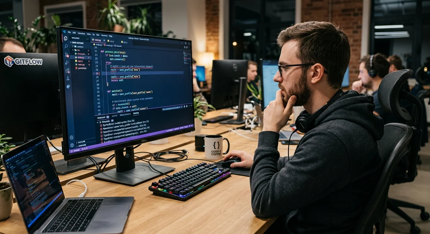 Developer analyzing code errors in an IDE with highlighted error lines