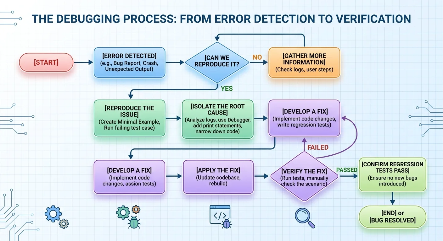 Debugging workflow flowchart showing steps from bug detection to verified fix