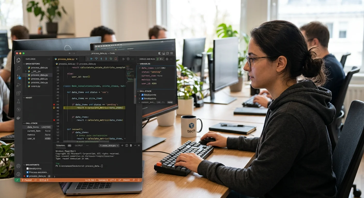 Screenshot of Python debugging workflow in VS Code IDE