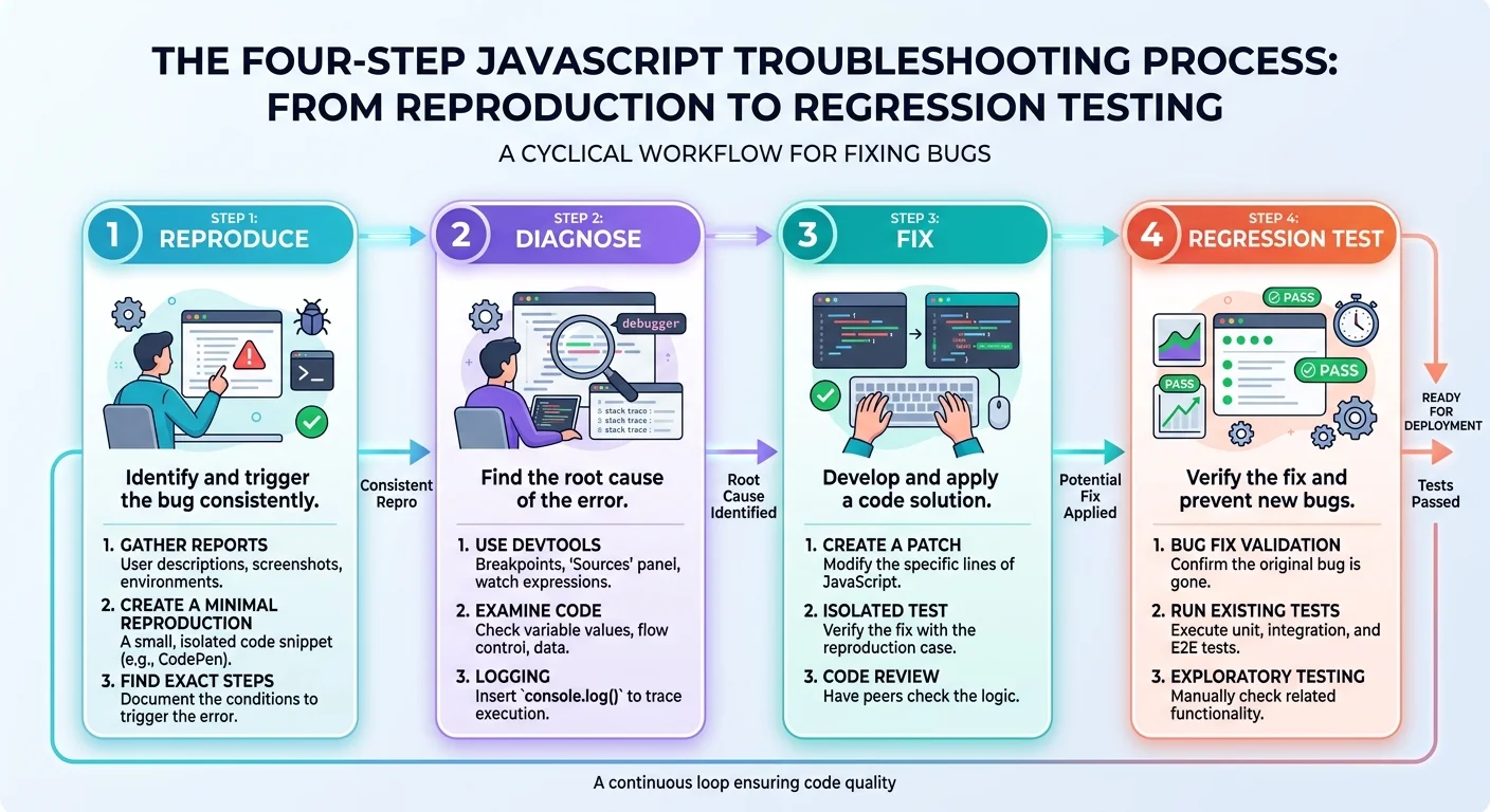 Flowchart diagram of the JavaScript debugging workflow with four connected steps