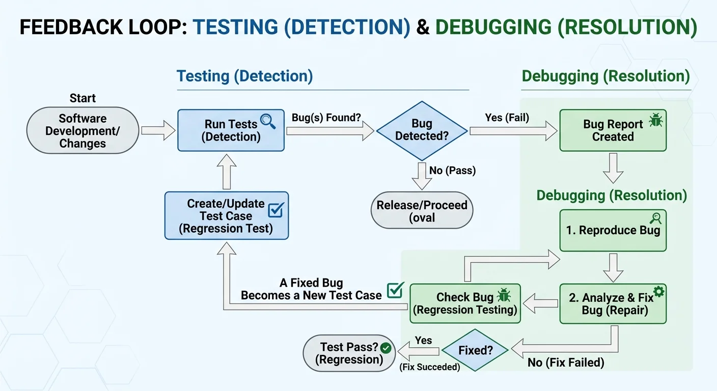 Debugging and testing feedback loop diagram showing how tests detect bugs and debugging resolves them