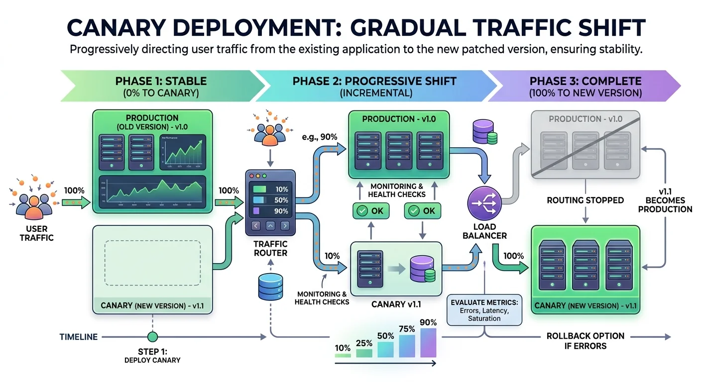 Canary deployment diagram showing progressive traffic shift during bug fix rollout